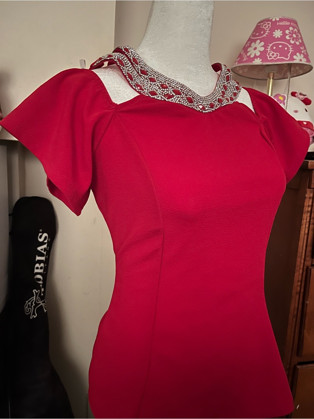 Red Embellished Neck Women's Blouse